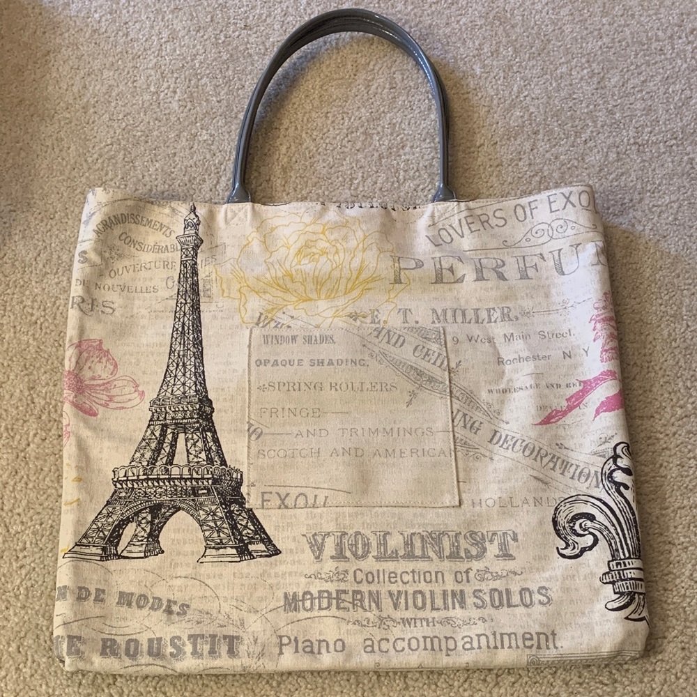 Paris Eiffel Tower Graphic Large Tote Bag/White and Gray Reversible Canvas Tote